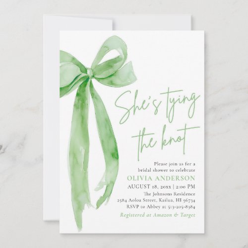 Sage Green Bow Shes Tying the Knot Bridal Shower Invitation