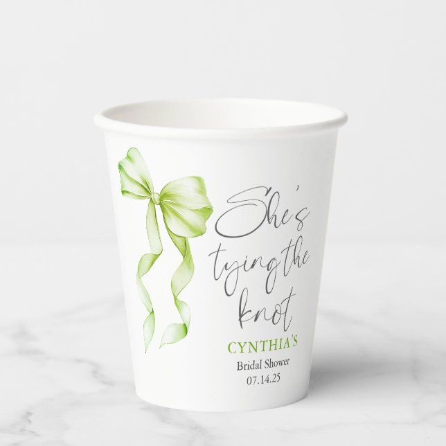 Sage Green Bow She's Tying the Knot Bridal Shower Paper Cups (Front)