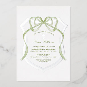 Sage Green Bow Silver Crest Baptism Foil Invitation