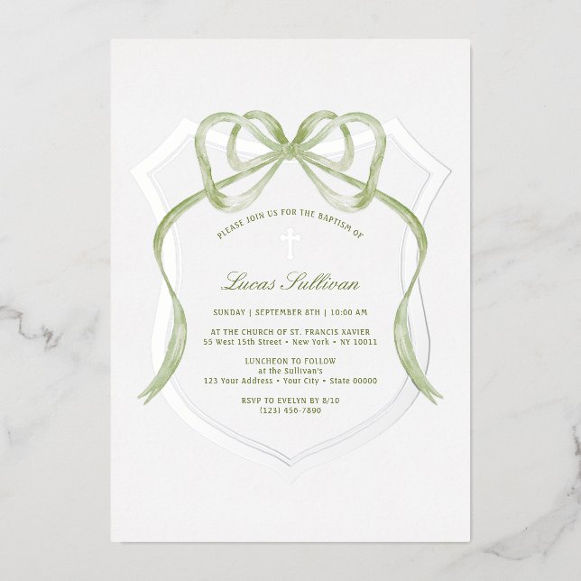 Sage Green Bow Silver Crest Baptism Foil Invitation (Front)