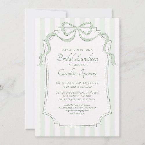 Sage Green Bow Stripes Bridal Luncheon Invitation
