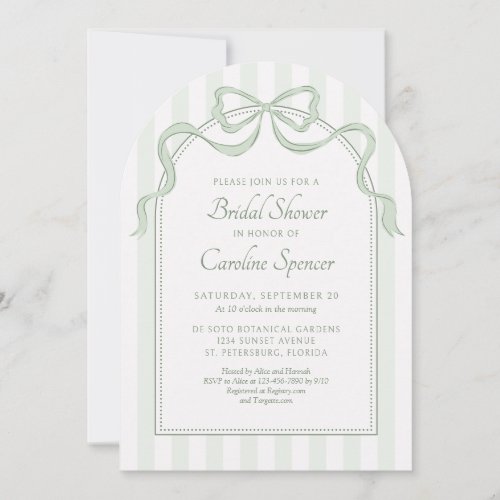 Sage Green Bow Stripes Bridal Shower Invitation