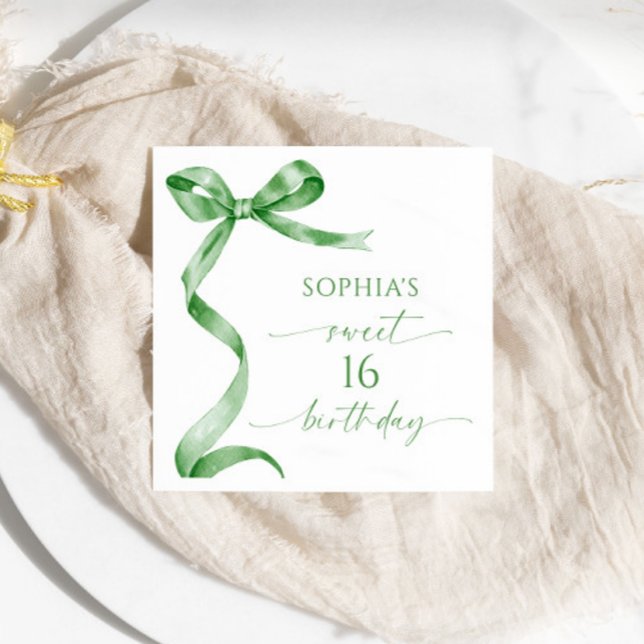 Sage Green Bow Sweet 16 Birthday Party Napkins (Creator Uploaded)