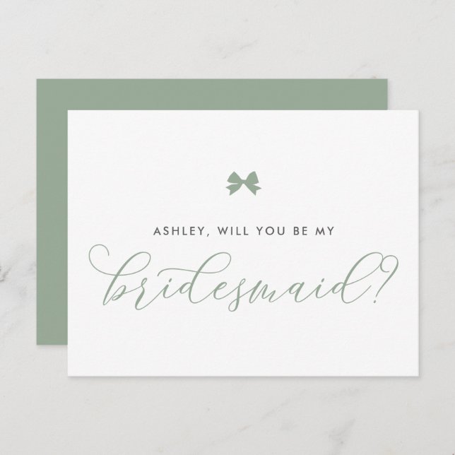Sage Green Bow Will You Be My Bridesmaid Card (Front/Back)