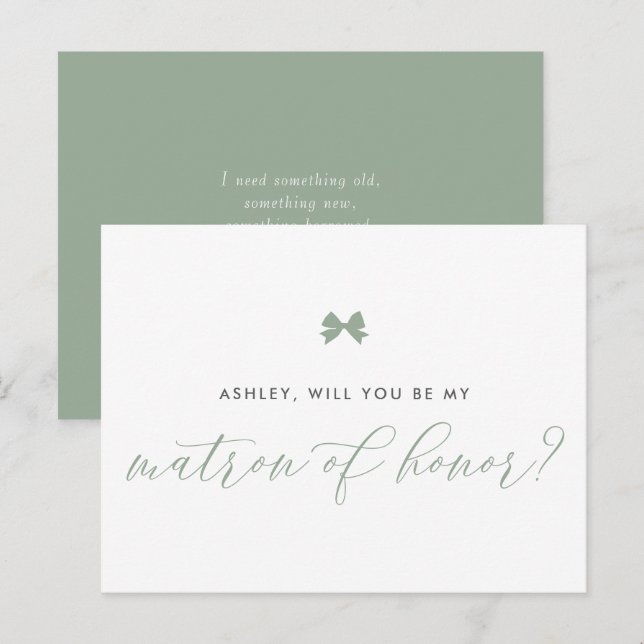 Sage Green Bow Will You Be My Matron of Honor Card (Front/Back)