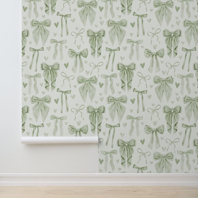 Sage Green Bows and Hearts Nursery Wallpaper (Application)
