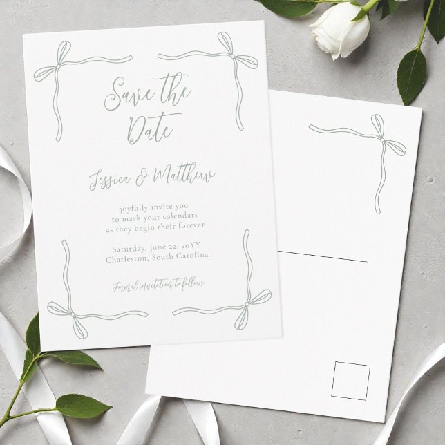 Sage Green Bows and Vows Wedding Save the Date Postcard (Sage Green Bows and Vows Wedding Save the Date Postcard)