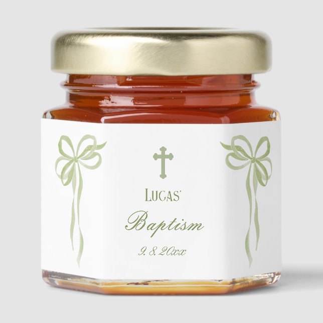 Sage Green Bows Baptism Honey Jar Favors (Front)