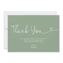 Sage green Boy Baby Shower Script Heart Thank You Card