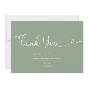 Sage green Boy Baby Shower Script Heart  Thank You Card