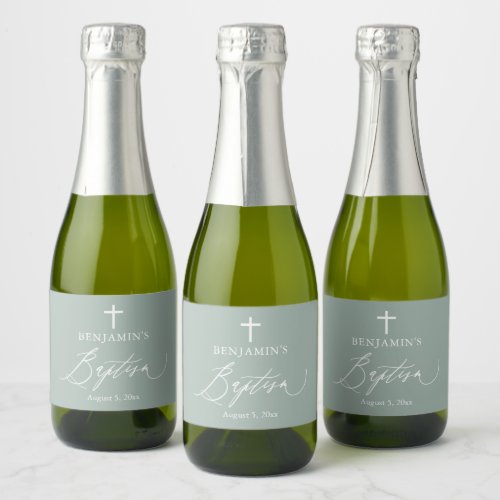 Sage Green Boy Baptism Mini Sparkling Wine Bottle  Sparkling Wine Label