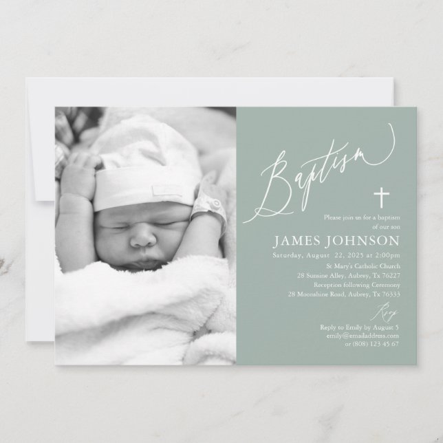 Sage Green Boy Baptism Photo Invitation (Front)