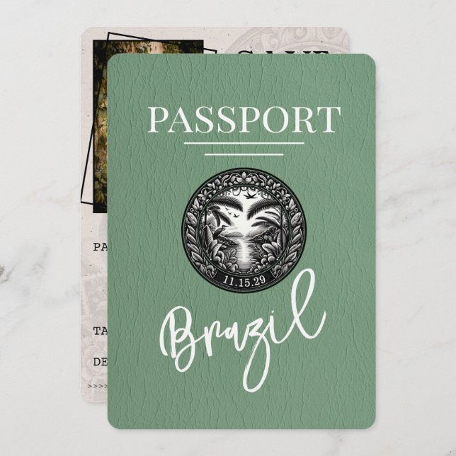 Sage Green Brazil Passport Save The Date (Front/Back)