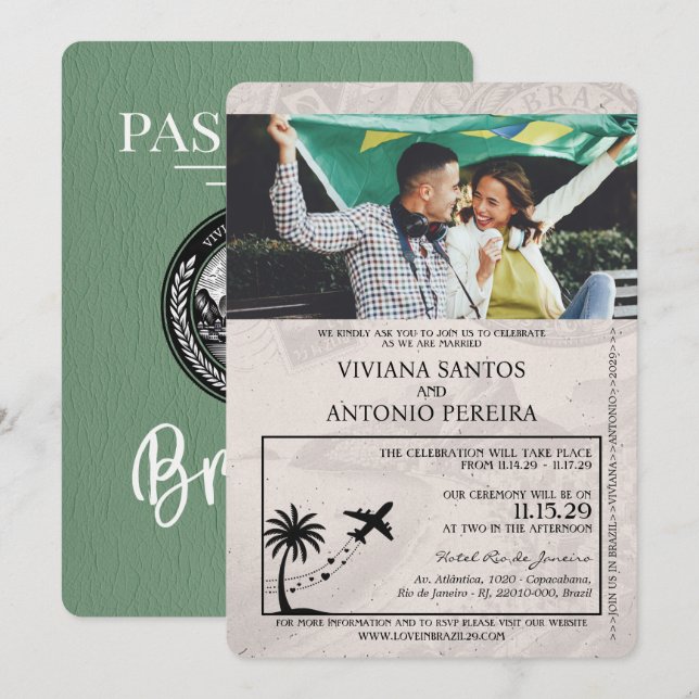 Sage Green Brazil Passport Wedding Invitation (Front/Back)