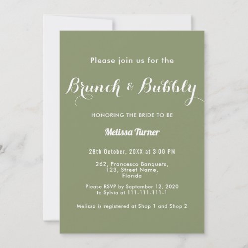 Sage Green Bridal Brunch Bubbly Simple Invitation