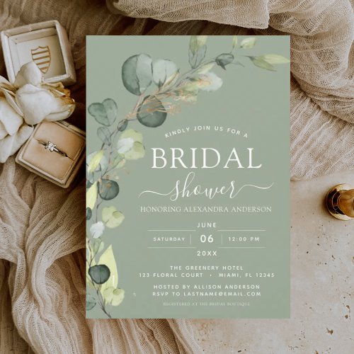 Sage Green Bridal Shower Botanical Eucalyptus Boho Invitation