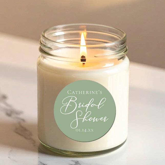 Sage Green Bridal Shower Personalized White Script Classic Round Sticker (Creator Uploaded)