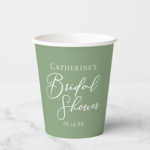 Sage Green Bridal Shower Personalized White Script Paper Cups