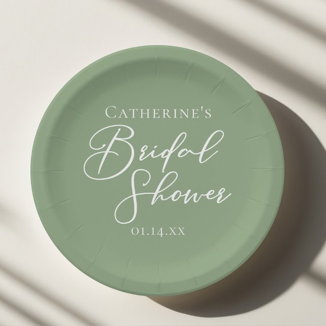 Sage Green Bridal Shower Personalized White Script Paper Plates (Creator Uploaded)