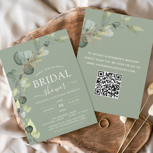 Sage Green Bridal Shower QR Code Eucalyptus Invitation
