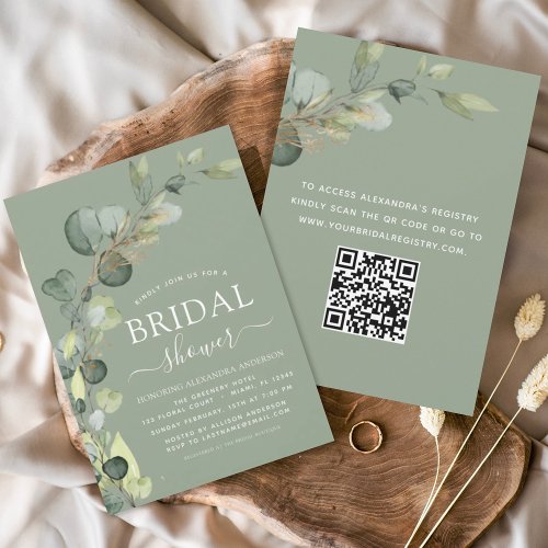 Sage Green Bridal Shower QR Code Eucalyptus Invitation
