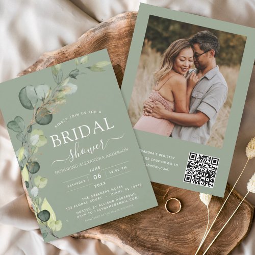 Sage Green Bridal Shower QR Code Photo Eucalyptus  Invitation