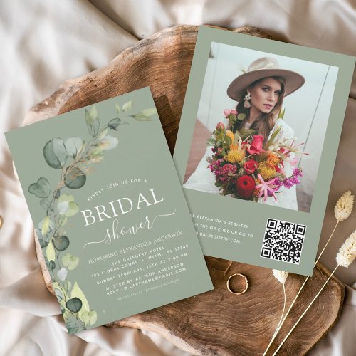 Sage Green Bridal Shower QR Code Photo Eucalyptus Invitation