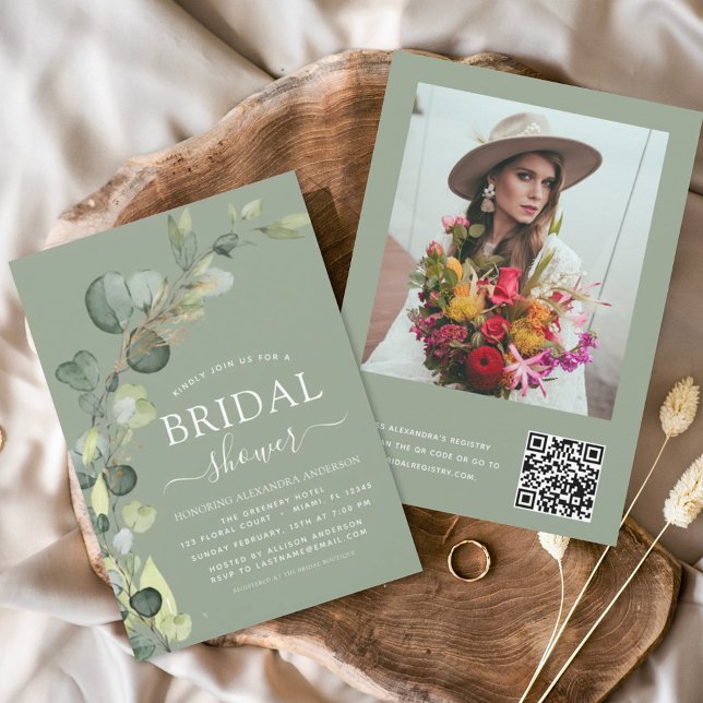 Sage Green Bridal Shower QR Code Photo Eucalyptus Invitation (Creator Uploaded)