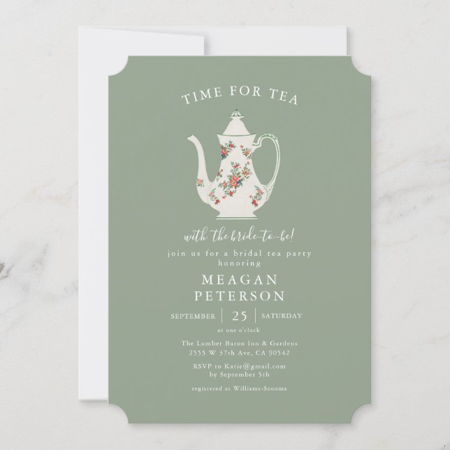 Sage Green Bridal Shower Tea Party  Invitation (Front)