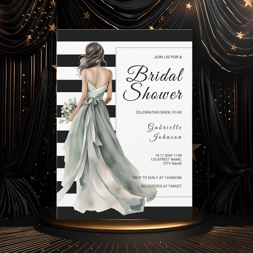 Sage Green Bride Black White Stripes Bridal Shower Invitation