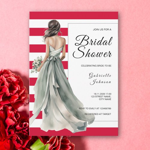 Sage Green Bride Cherry Red Stripes Bridal Shower Invitation