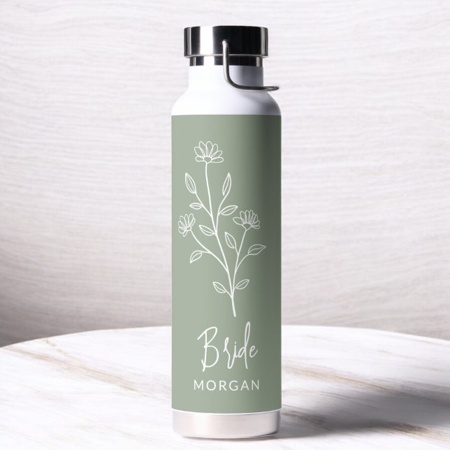 Sage Green Bride Hand Scripted Name Floral  Water Bottle (Creator Uploaded)