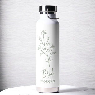 Sage Green Bride Hand Scripted Name Floral Water Bottle