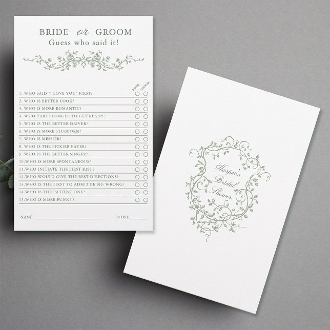 Sage Green 'Bride or Groom' Bridal Shower Game  (Front & Back)