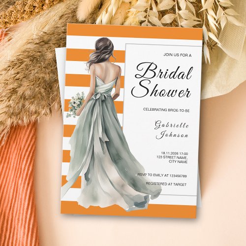 Sage Green Bride Orange Stripes Bridal Shower Invitation