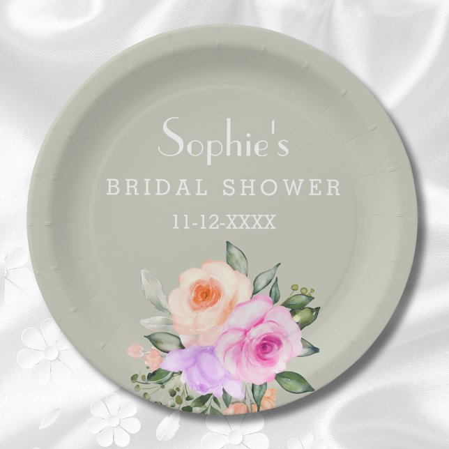 Sage Green Bright Floral Pink Roses Bridal Shower Paper Plates (Creator Uploaded)