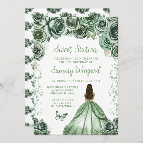 Sage Green Brown Hair Princess Sweet Sixteen Invitation