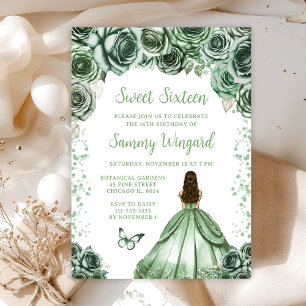 Sage Green Brown Hair Princess Sweet Sixteen Invitation