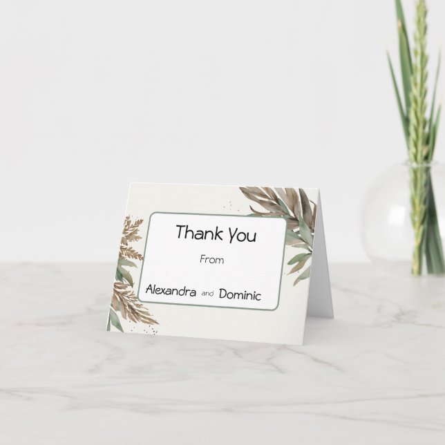 Sage green, brown leaf spray rustic letterpress thank you card (Front)