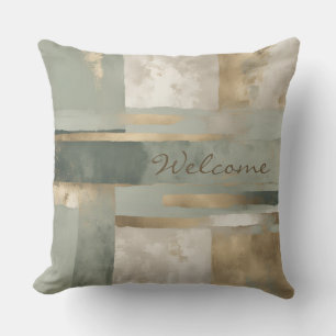 Sage Green Brown Modern Farmhouse Plaid Welcome Outdoor Pillow