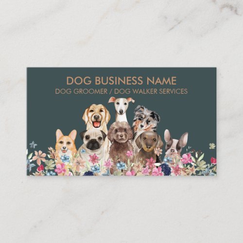 Sage Green Brown Pet Groomer Logo Dogs Business Card