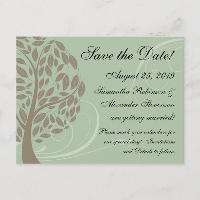 Sage Green, Brown Stylized Eco Tree Save the Date Announcement Postcard (Front)