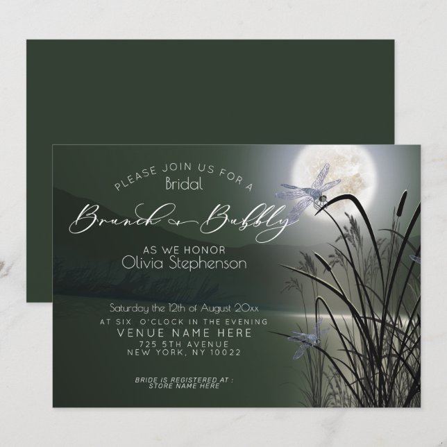 Sage Green Brunch Bubbly Full Moon Dragonfly Invitation (Front/Back)