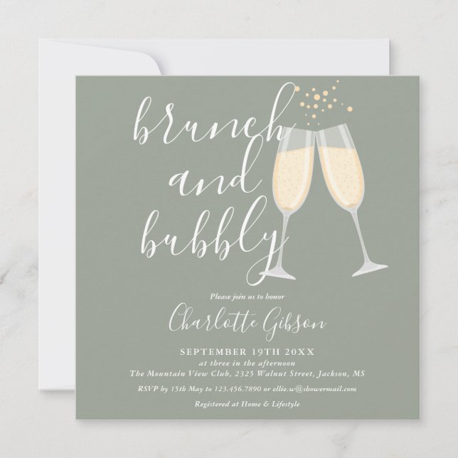 Sage Green Brunch Bubbly QR Code Bridal Shower Invitation (Front)