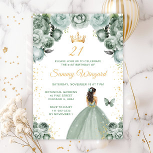 Sage Green Brunette Hair Princess Birthday Party Invitation