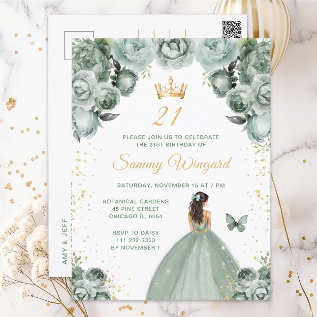 Sage Green Brunette Hair Princess Birthday Party Postcard (Creator Uploaded)