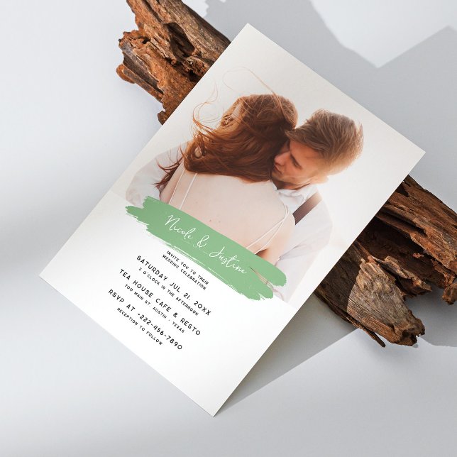Sage Green Brush Photo Wedding Invitation (Modern Sage & Brushstroke: Personalized Wedding Invitation)