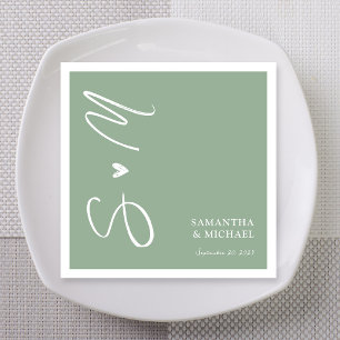 Sage Green Brush Script Monogram Wedding Napkins