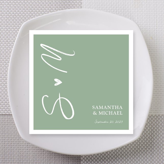 Sage Green Brush Script Monogram Wedding Napkins (Sage green brush script monogram wedding napkins with names and date)
