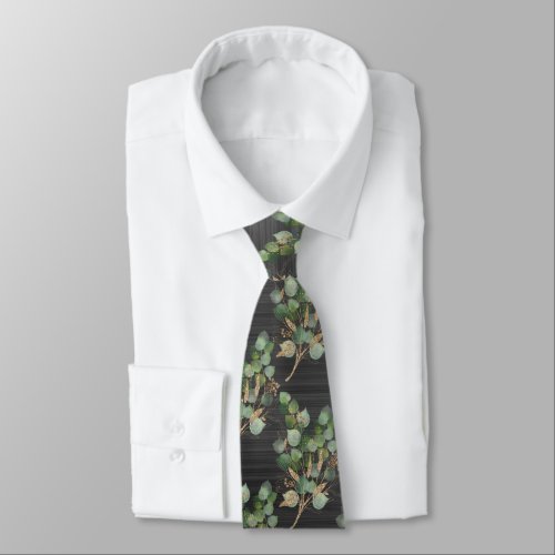 SAGE GREEN BRUSHED METAL BLACK BOTANICAL MENS TIE